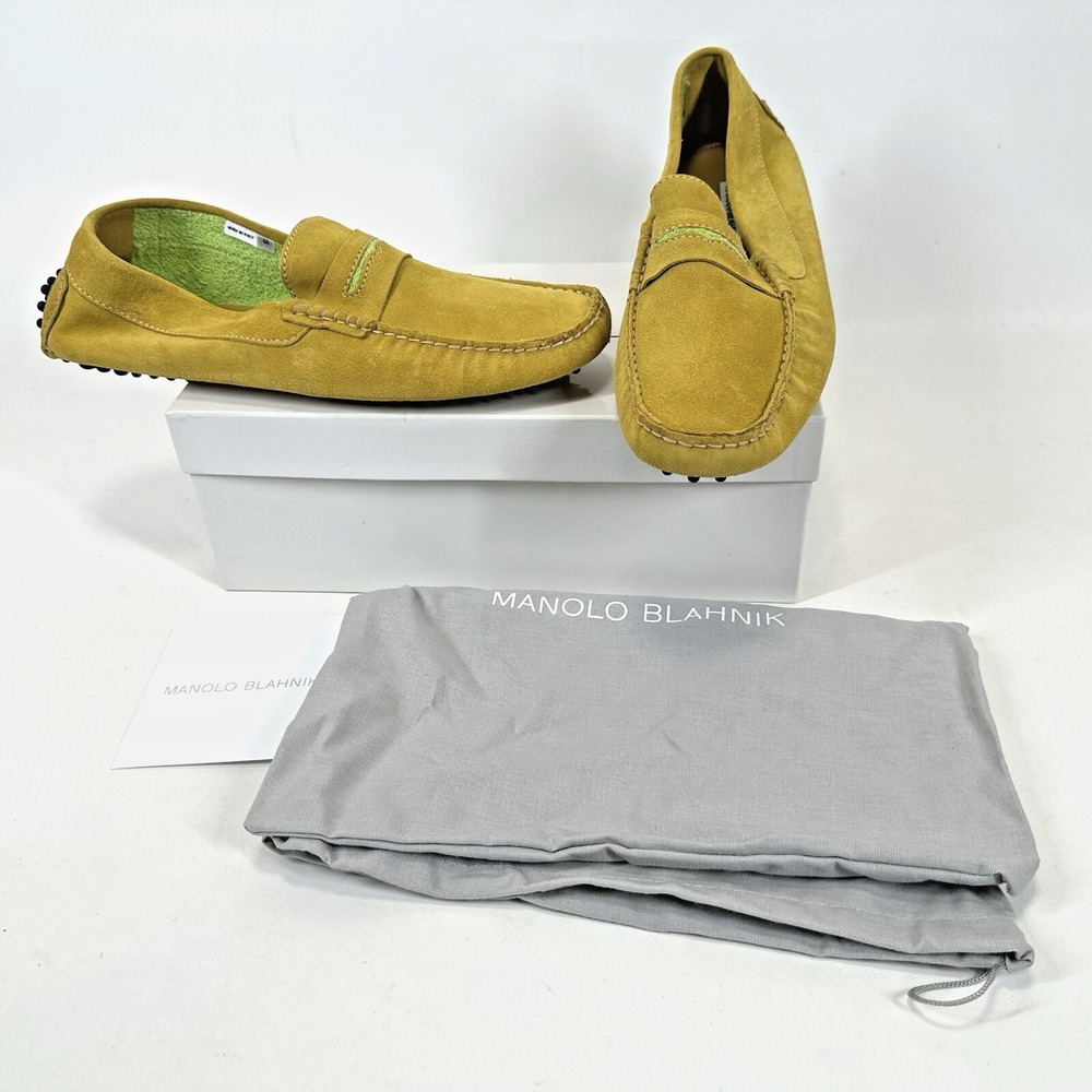 Manolo Blahnik Driving Loafers Alfa Yellow Suede Men's Size 44 Shoes